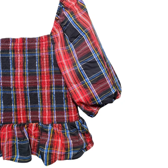 Draper James Red Plaid Smocked Peplum Poof Sleeve Top Womens Size Extra Large XL - Picture 4 of 9